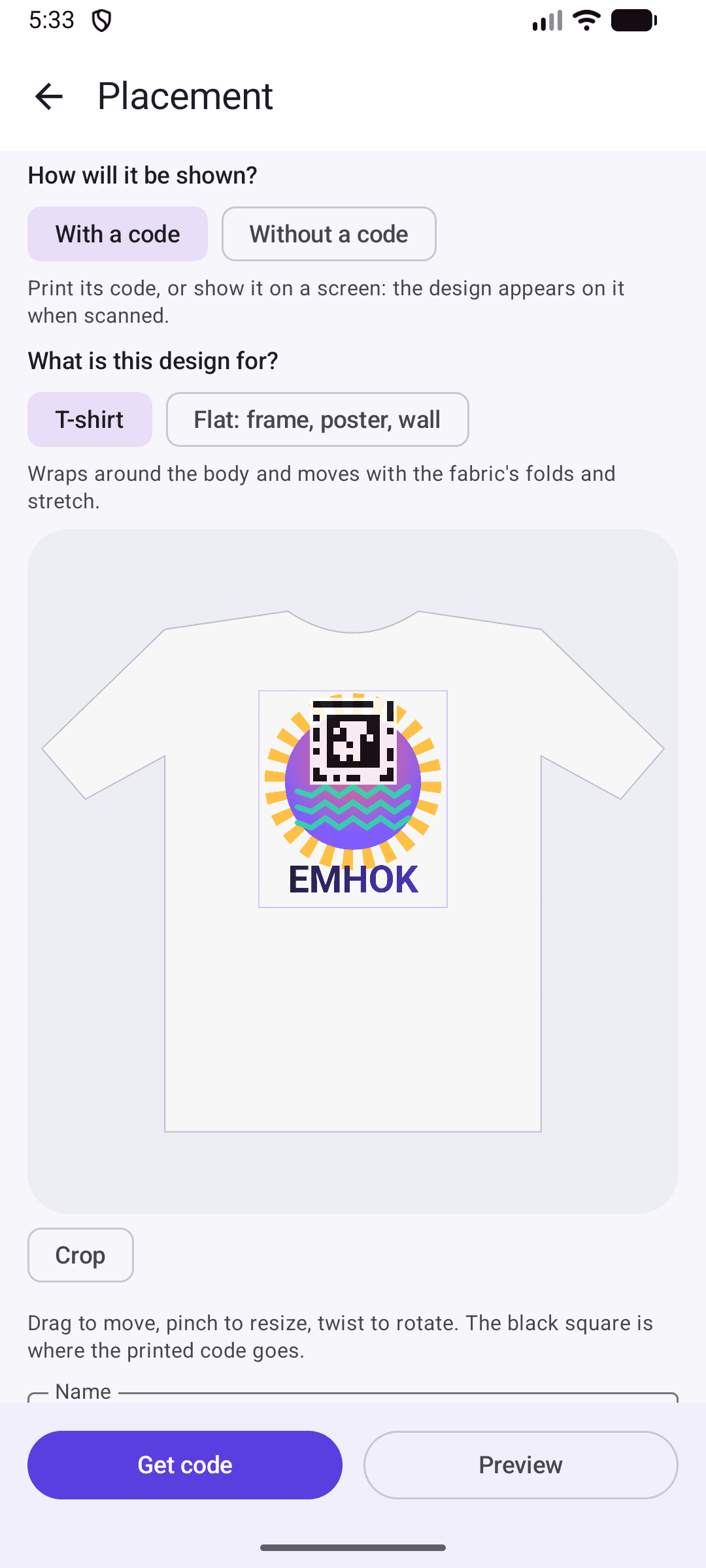 The placement editor: options for with or without a code and T-shirt or flat, and the design on a shirt outline.